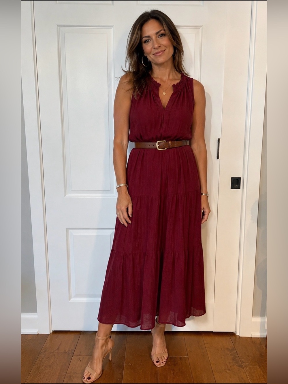 Max Studio Maroon Sleeveless Tiered Midi Dress with Tie Neck